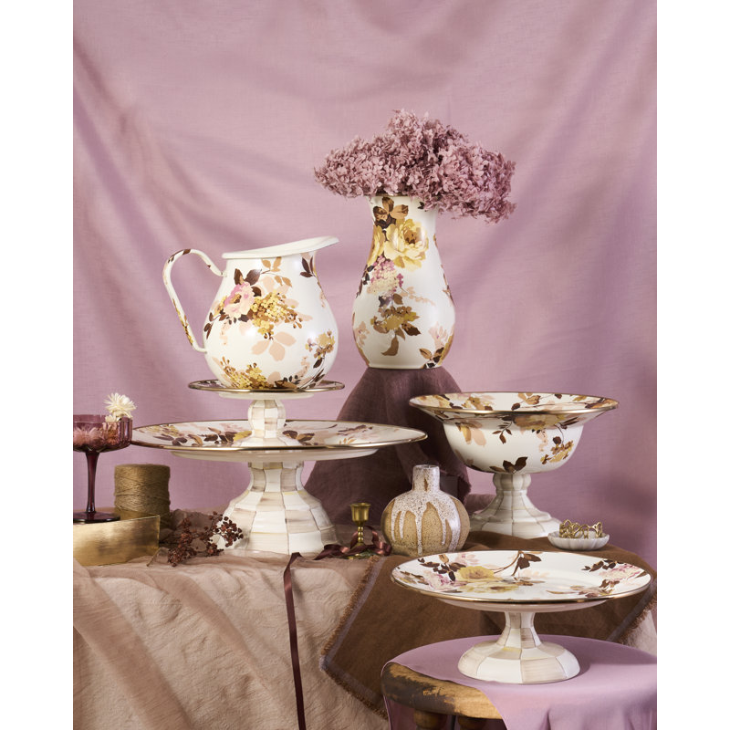 Wild Rose White Tall Vase, White/Gold