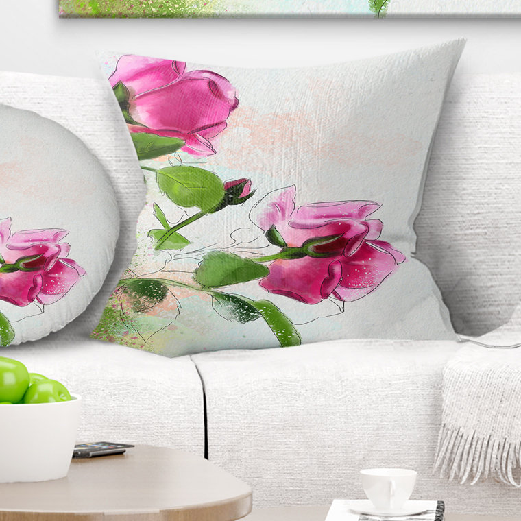 Roses mauves avec feuilles vertes - coussin à imprimé floral, 16 po x 1 po, Coussin décoratif