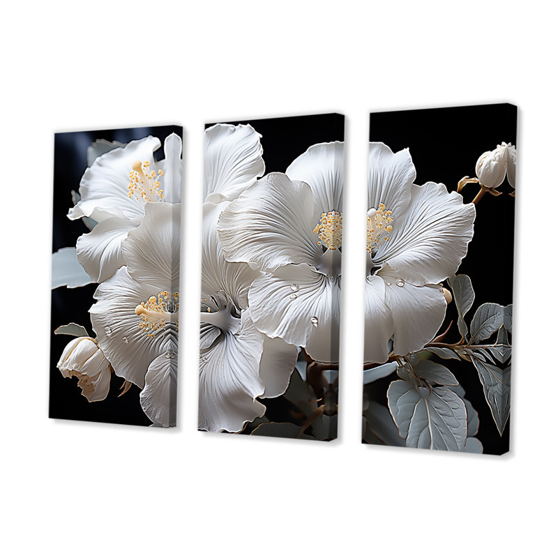 Fleurs blanches d'hibiscus illuminées au clair de lune I - ensemble d'art mural hibiscus, H 40 po x l 60 po x P 1 po