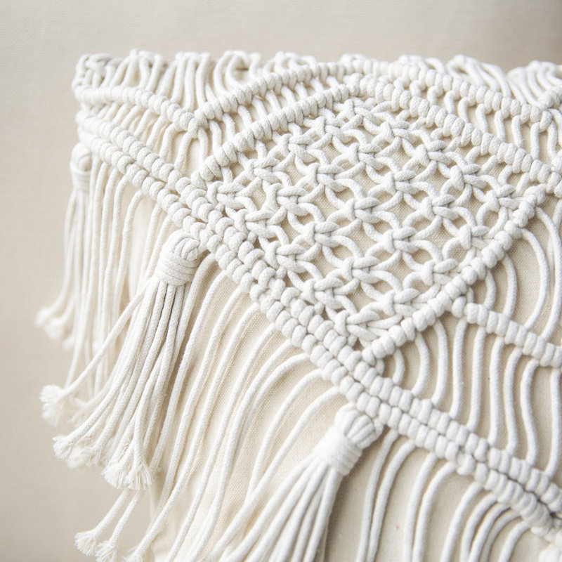 Handmade Crochet Off-White Cotton Boho Throw Pillow 18x18 inches
