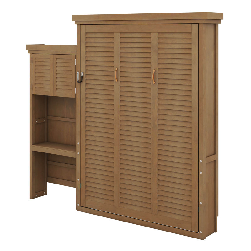 Grand lit escamotable avec tablettes de rangement et portes à persiennes, armoire-lit peu encombrante, placement latéral réglable