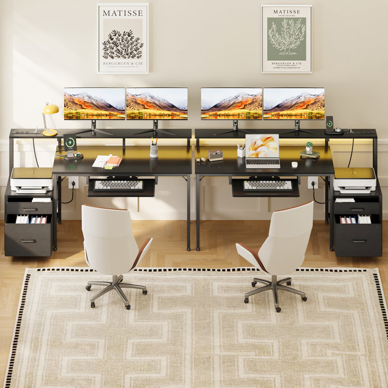 Harleysville Gaming Desk with Led Lights and Built-in Power Socket,Reversible Desk with Monitor Shelf and Cabinet ,Computer Desk with Pull-out Keyboard Tray