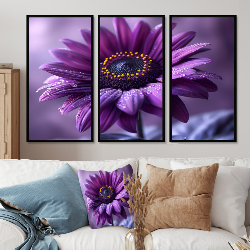 Ensemble de décoration murale moderne tournesol mauve fusion II, Cadre noir, H 28 po x l 36 po