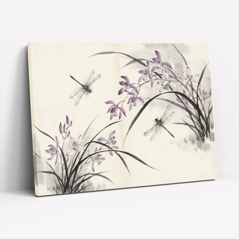 Ensemble de 1 tableau sur toile tendue représentant une libellule et une orchidée, H 20 po x l 30 po