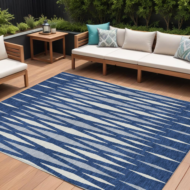 Tapis d'intérieur / extérieur géométrique lavable 9 pi x 12 pi bleu marine, gris et ivoire