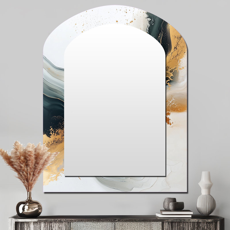 Silent Melody Of Golden Hard Edge Ink III - Hard Edge Painting Arch Unique Wall Mirror, Modern Asymmetrical Mirror, Printed Metal Art