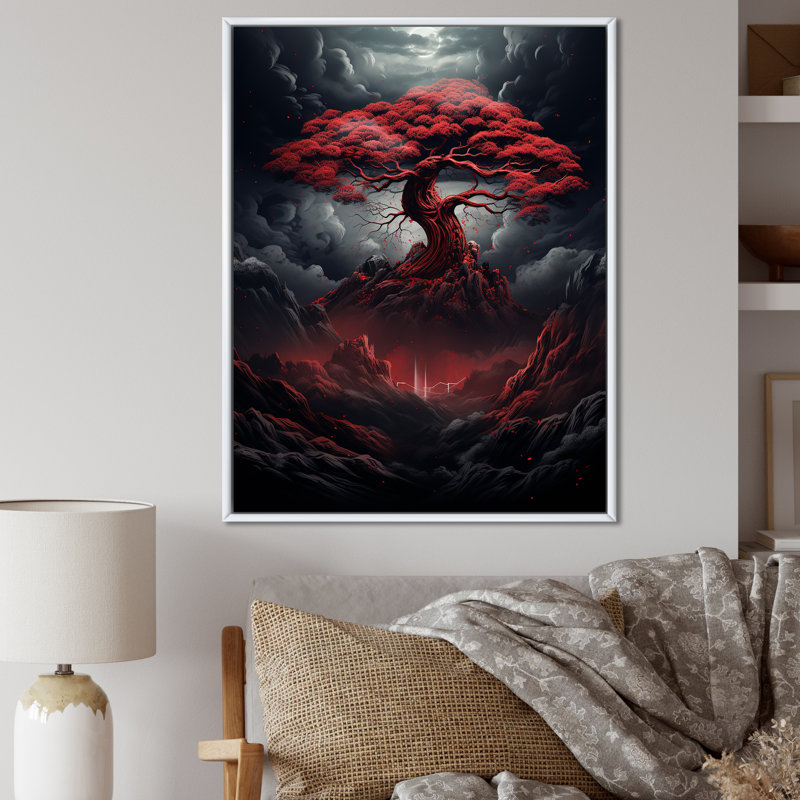 «Occult Red Tree Full Moon Mountain Magic I», reproduction sur toile, H 32 po x l 24 po x P 1 po, Cadre flottant blanc
