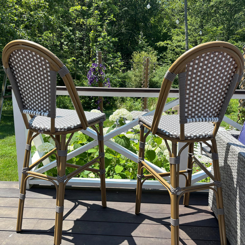  30" Patio Bamboo Print Finish Bar Stools With Rattan Back (Set Of 2), Gray/Brown, Bar Stool (30" Seat Height)