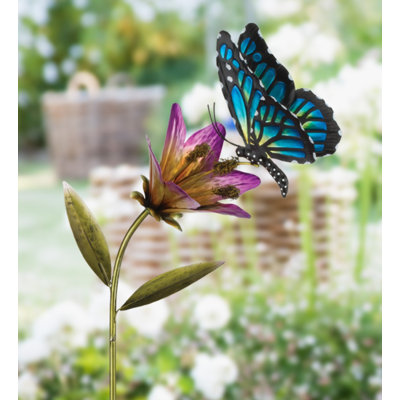 45" Metal Butterfly and Flower Decorative Garden Stake with Weather Resistant Paint and Sturdy Ground Stake