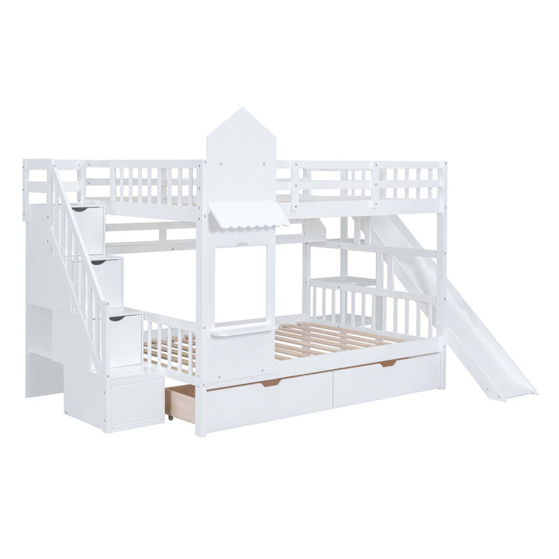 Lit superposé de style château avec 2 tiroirs, 3 tablettes et glissade, Lit double, Blanc