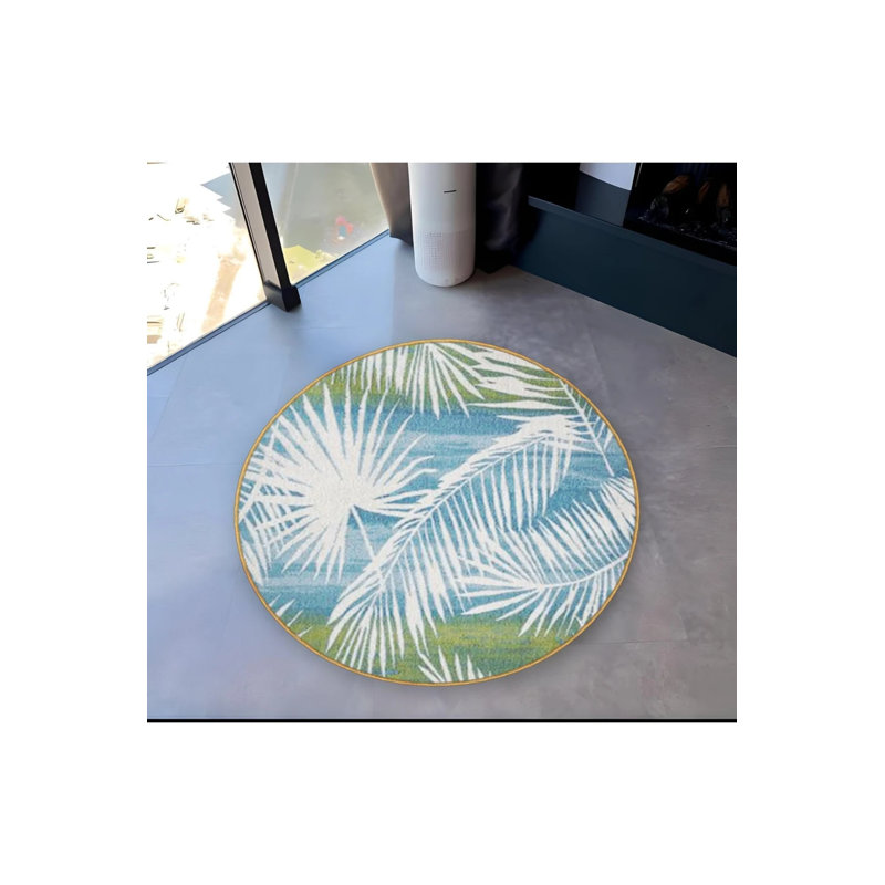 Tropical Leaf Patterned Woven Base Modern Decorative Carpet In Blue Green Tones, Round 2'8"