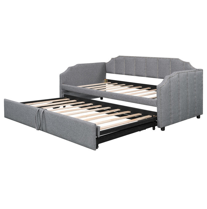 Twin Size Upholstered Daybed with Pop-Up Trundle & USB Charging Ports, Gray, Gray