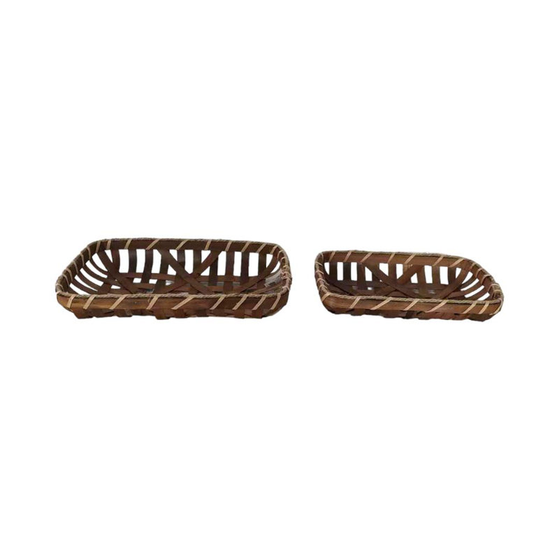 Set Of 2 Rectangular Weave With Rope Accents Trays, Brown