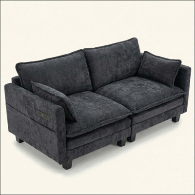 Canapé moderne en chenille, canapé compact à 2 places avec deux ports de chargement USB et poches latérales, petit canapé pour chambre, bureau et appartement.