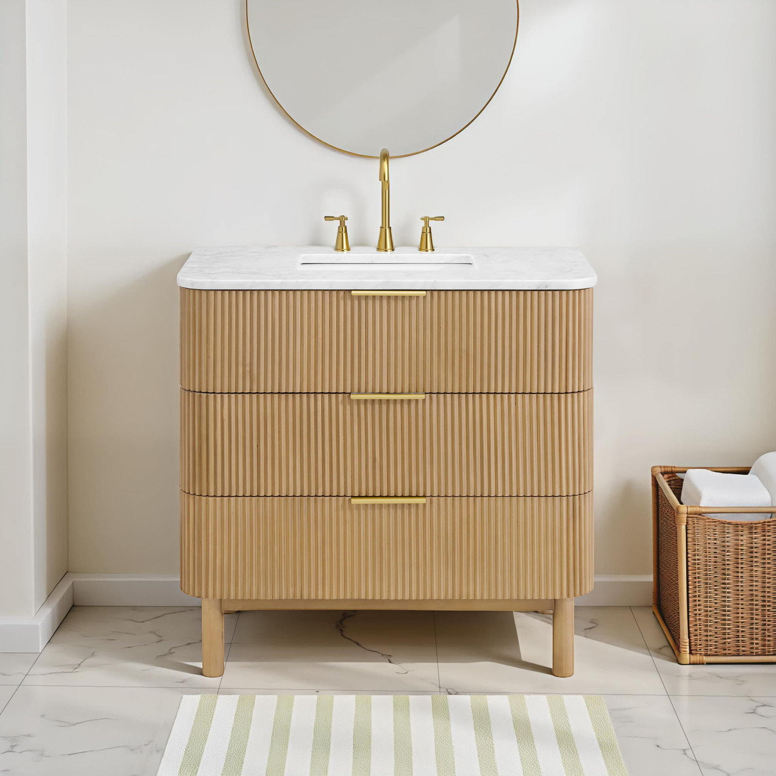 Nova 36" Marble Top Single Sink Vanity, Reeded Birch