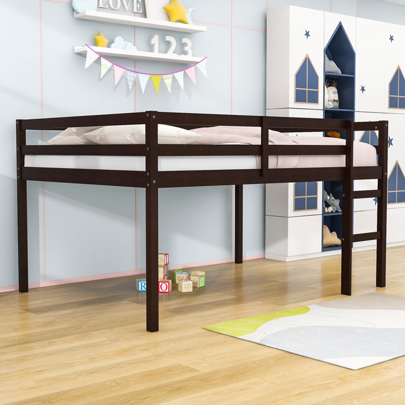 Lit mezzanine double en bois avec garde-corps Heikea par Harriet Bee, Espresso