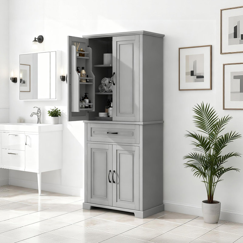 Freestanding Bathroom Storage Cabinet With Drawer And Doors, Adjustable Shelf And Ample Storage Space, Gray