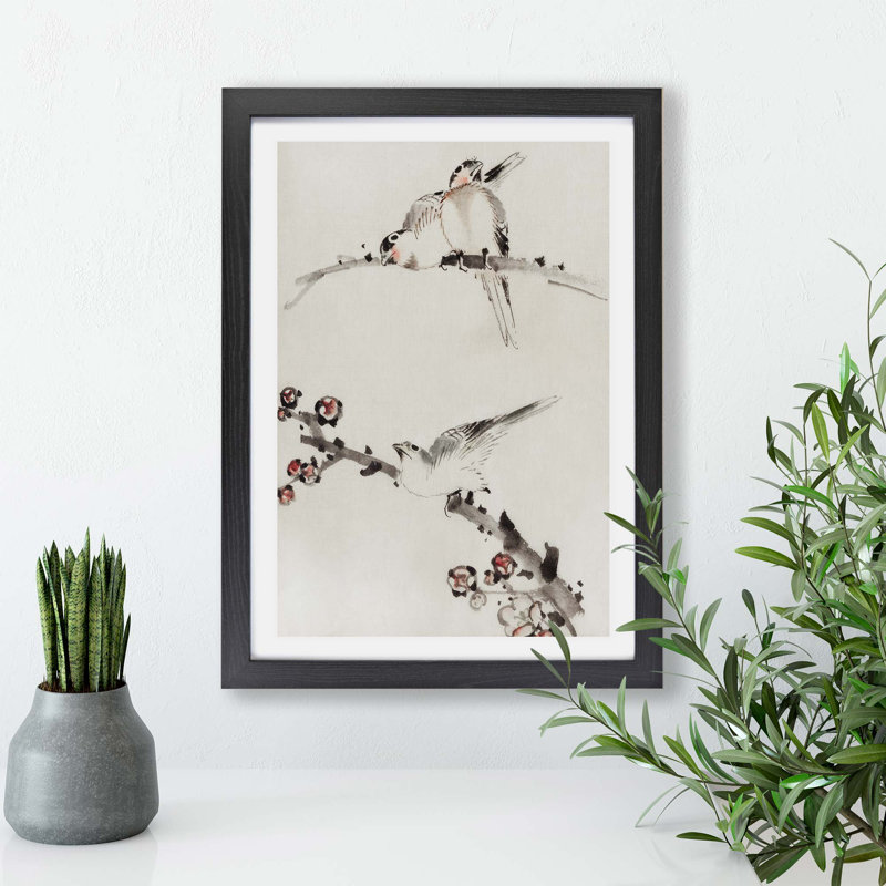 Three Birds Perched On Blossom Branches by Katsushika Hokusai - Single Picture Frame Painting, 24cm H x 33cm W x 2cm D, Black