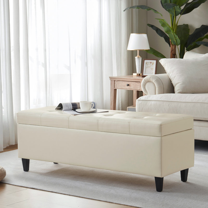 Banc de rangement rembourré en similicuir l 50,5 po, Crème
