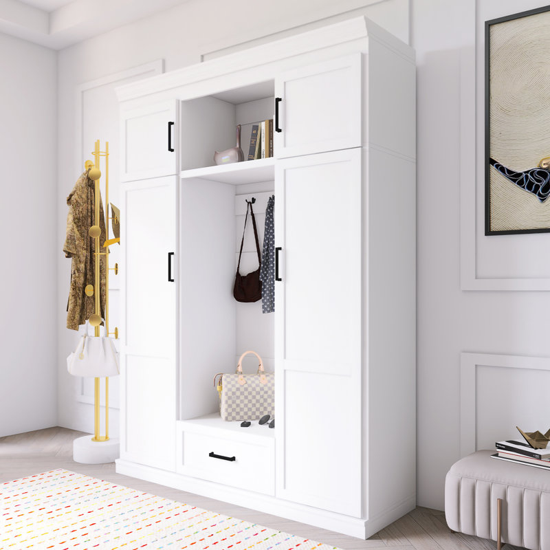 Arbre d'entrée avec banc et 3 crochets, armoire de rangement moderne pour hall d'entrée avec 4 portes, Blanc