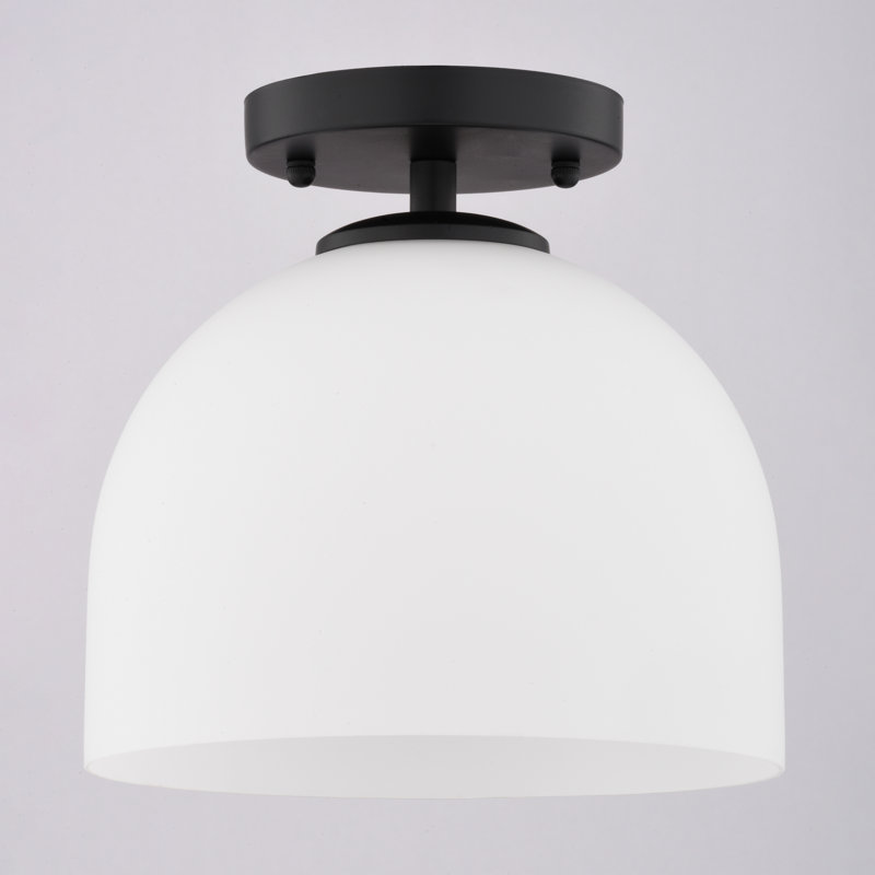 Shelby 1-Light 9.25 in. Wide Matte Black Transitional Dome Semi Flush Mount Lighting Fixture, Frosted White Opal Glass Shade, LED Compatible, for Low Ceilings, Bedroom, Hallway, Kitchen