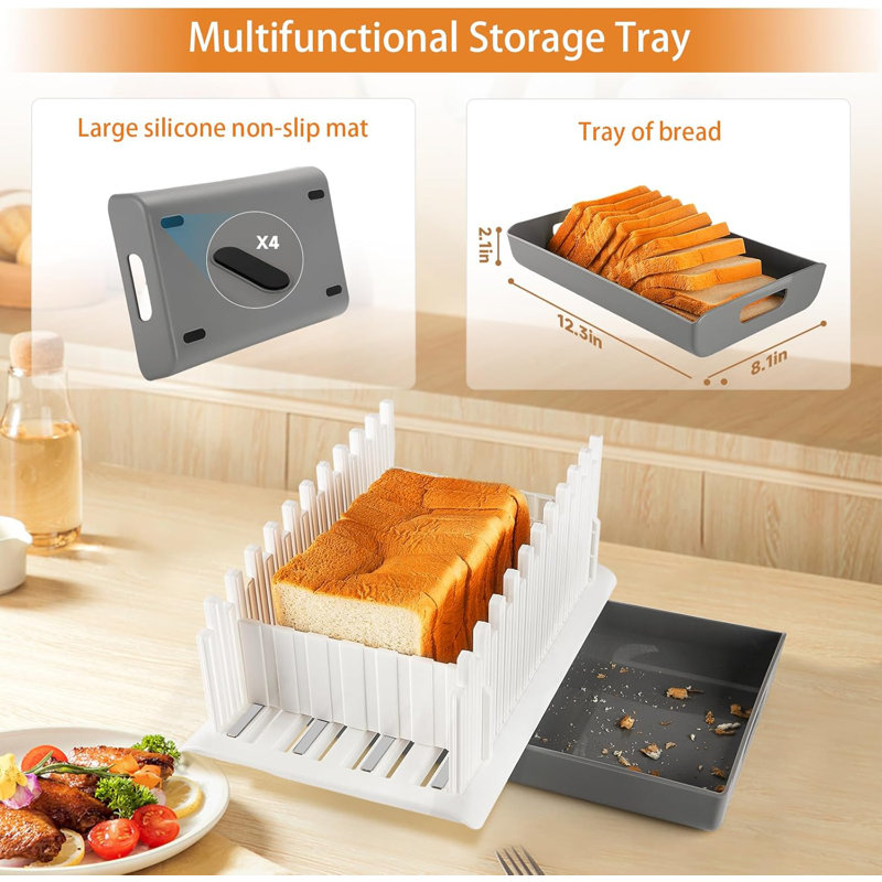 Bread Slicer Guide For Homemade Bread With 304 Stainless Steel Sheet And Storage Tray?3-Slice Thickness,Adjustable Width Making Tools For Cake?Bagels?Toast