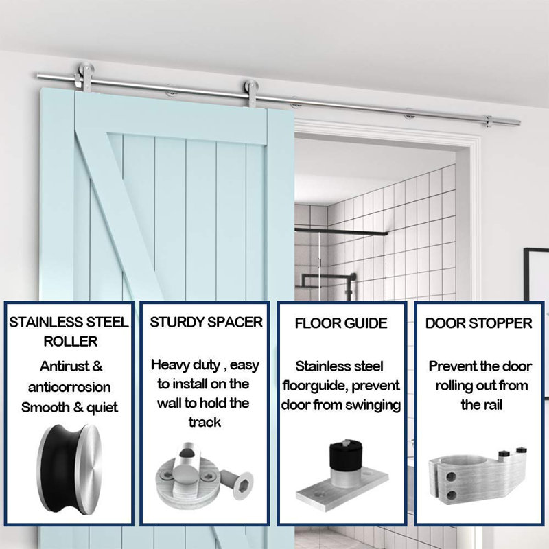 Silver Stainless Steel Sliding Barn Door Hardware Kit with 90" Track