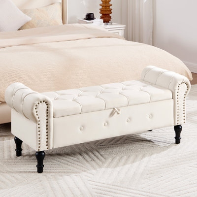 Elegant Upholstered Storage Bench with Roll Arms and Stylish Stitching & Button Design