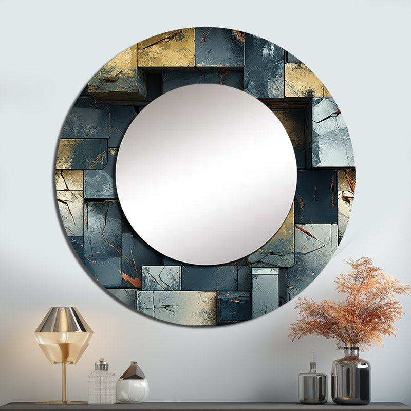 Industrial Concrete Wall Illusion - Brick  Decorative Mirror, Grey Round Wall Mirror, Printed Metal Art, 23" x 23"