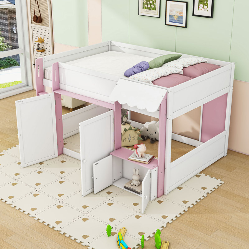 Lit mezzanine avec armoires de rangement, Rose blanc