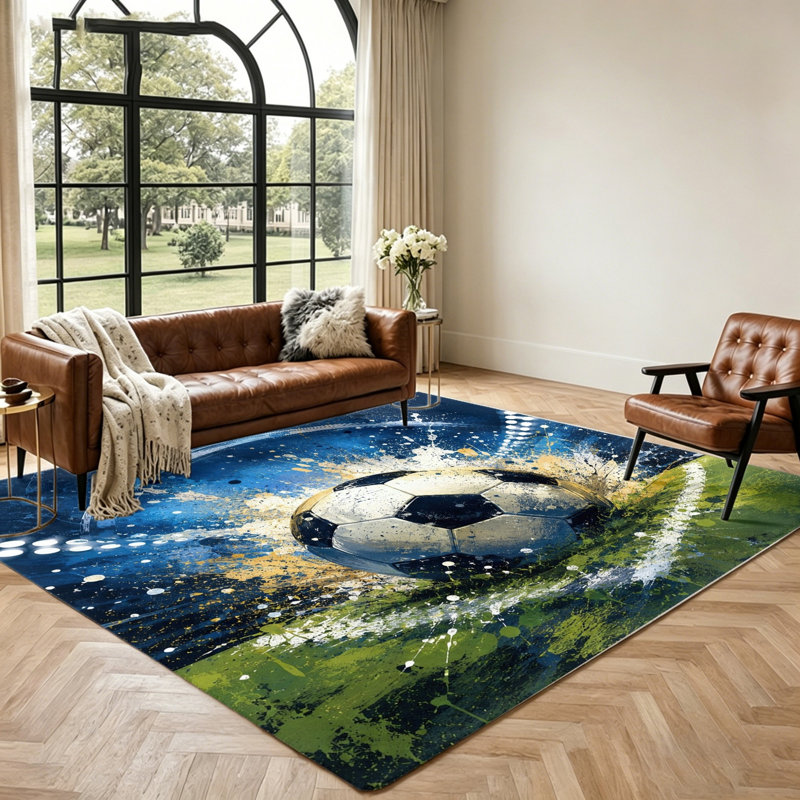 Dynamic Soccer Splash Area Rug, Sports Themed Floor Decor, Vibrant Abstract Art Carpet for Living Room, Bedroom, Playroom, Game, Man Cave, Boys, Fan Gift