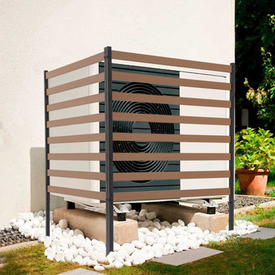 Air Conditioner Fence for Outdoor Units Steel Pipe & Plastic‑Wood Privacy Fence Panel with Spaced Slat Floor‑Mounted Outdoor Privacy Screen for AC Unit Trash Can Pool Equipment Brown