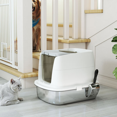 Stainless Steel Litter Box with Lid, Flip Cover, Metal Scoop, White