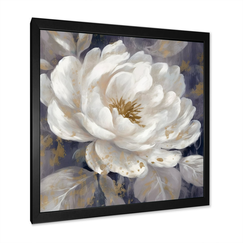 Émotion de pivoines blanches et bleues III - pivoines, art mural, Cadre simple noir, H 16 po x l 16 po x P 1 po