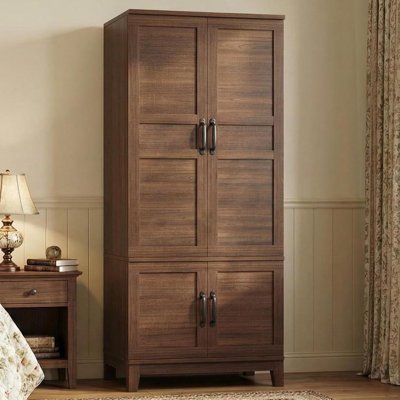 Rustic Walnut Brown Wooden Armoire Wardrobe – 4 Doors – 72" Tall Freestanding Storage – Adjustable Shelves & Hanging Rod – Bedroom & Living Room – Brown (AB box)