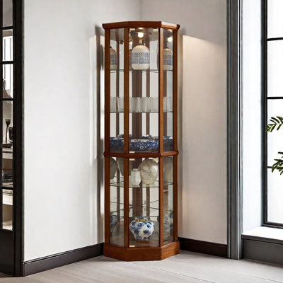 6 Shelf Lighted Corner Curio Cabinet With Adjustable Tempered Glass Shelves And Mirror Back(E26 Light Bulb Not Included)