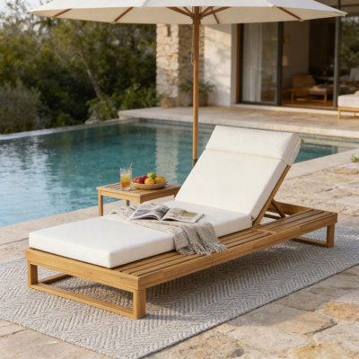 Chaise longue en bois d'acacia avec ensemble de coussins beige 4 plis 4 po, chaise longue d'extérieur réglable avec surface latérale plate, pour bord de piscine