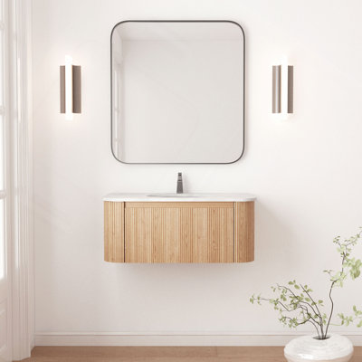 Meuble-lavabo mural 36 po avec comptoir en marbre artificiel, lavabo en céramique, conception courbée avec rayures, pré-assemblé
