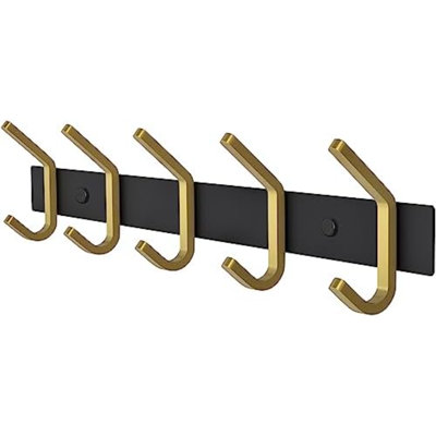 Porte-manteau mural – Barre à crochets noire et dorée avec 5 crochets doubles, crochets muraux en acier inoxydable de 38 cm (15 pouces) pour entrée, salle de bain, chambre, garde-robe, serviettes, chapeaux, sacs, organisateur robuste