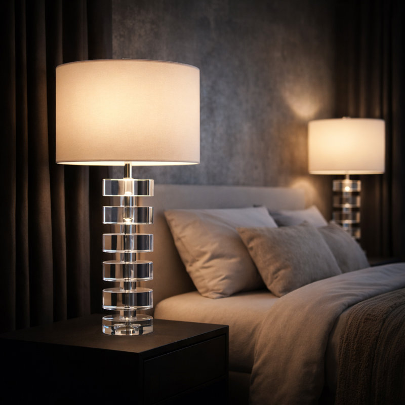 Lampe de table élégante en cristal cylindrique empilé pour salon - Lampe de chevet ou de bureau moderne pour chambre - 71 cm, cristal transparent et blanc