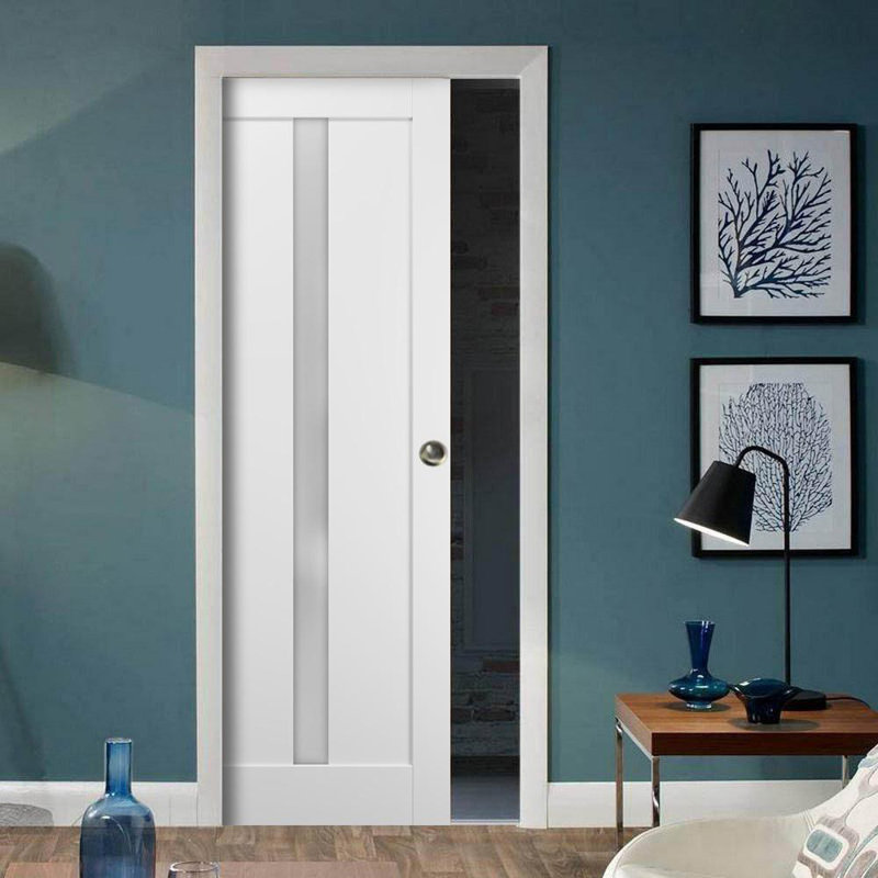 Porte blanche en verre givré Quadro avec trousse de quincaillerie d'installation, 24 po x 96 po