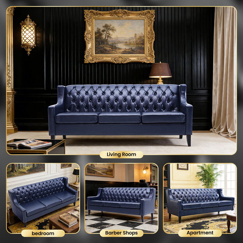 78.75" Tufted Faux Leather 3-Seater Sofa, Blue