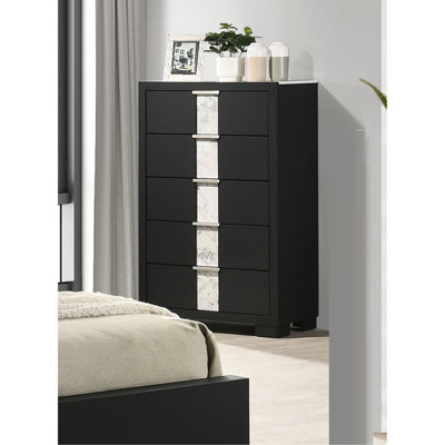 Meuble de chambre à coucher 1 tiroir contemporain à finition noire avec cinq tiroirs en métal noir et blanc