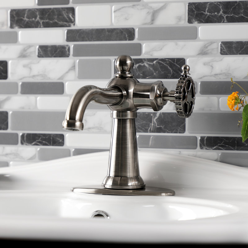 Kingston Brass Fuller Single-Handle 1-Hole Deck Mount Bathroom Faucet with Push Pop-Up and Deck Plate, Black Stainless, Wheel