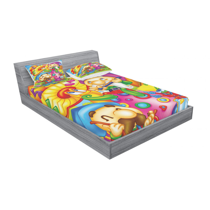 Ensemble de draps abstraits elfes animé avec flûte de jeu avec champignon, Ensemble de drap pour grand lit avec drap-housse