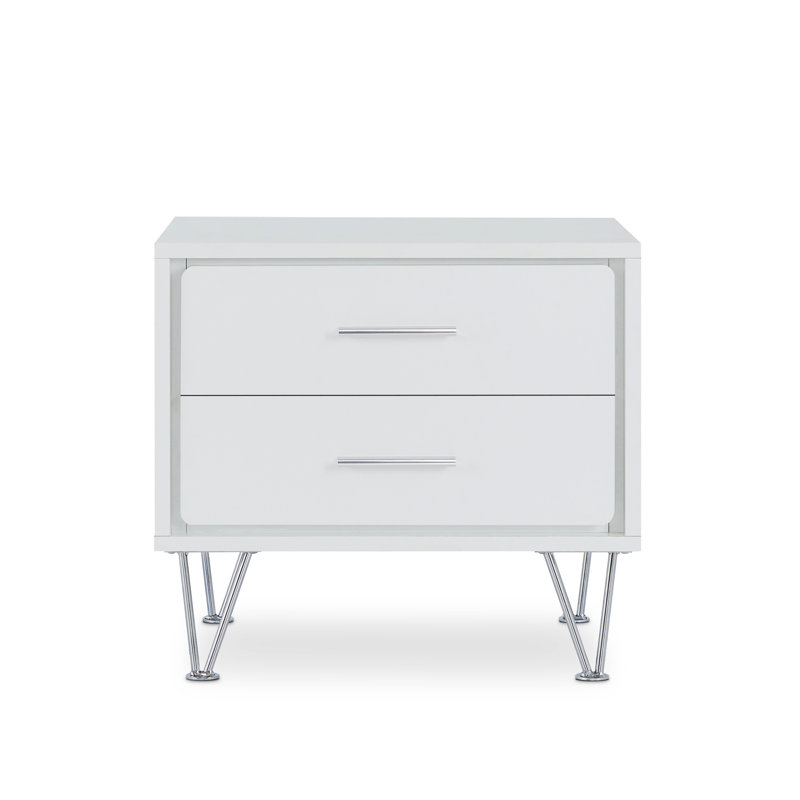 Table blanche avec 2 tiroirs et cadre en bois, pieds en métal rectangulaires blancs,