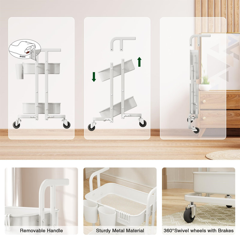 White Metal 2-Tier Foldable Rolling Utility Cart