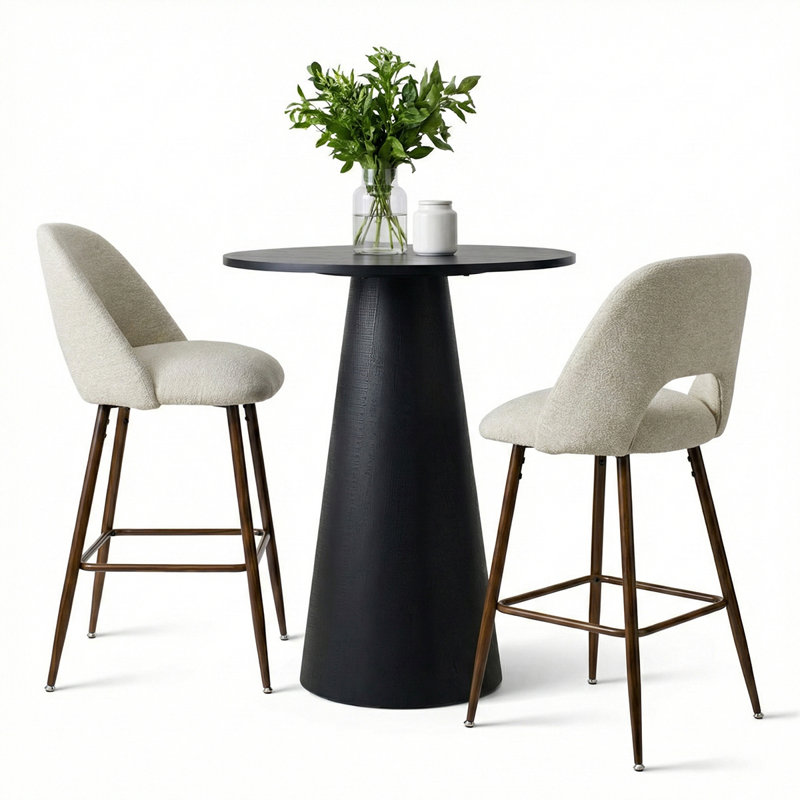 Berneta 30" Modern Round Pedestal Counter Height Dining Set With 2 Upholstered Stools, Beige