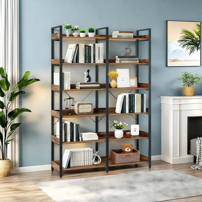 6 Industrial 67" Book Shelves With Freestanding Metal Frame, Open For Bedroom, Living Room, Home Office - Brown Finish, Adjustable Feet, Long Lasting Wooden Bookshelf, High Frame Color, Scratch ,