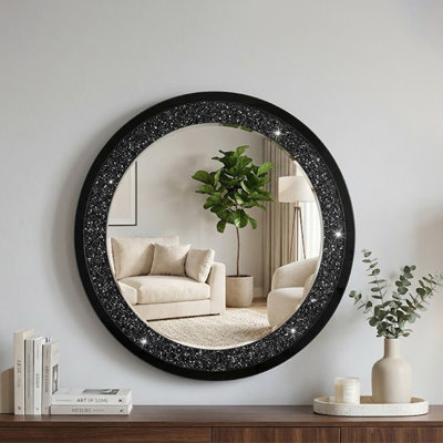 Miroir mural rond moderne en cristal concassé, fabriqué à la main - Miroir décoratif polyvalent de haute qualité